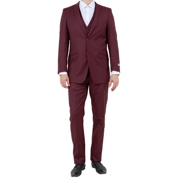 Solid Burgundy 3 Piece Slim Fit Tazzio Men's Suit - Picture 6 of 6
